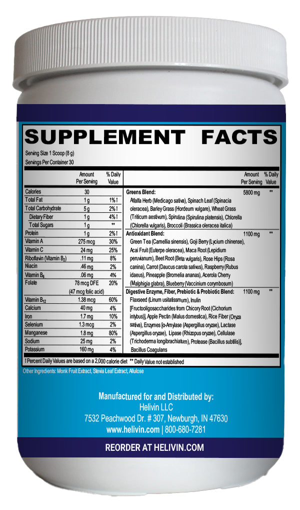 Helivin Greens Superfood Powder - Superfoods, Antioxidants, Enzymes, Fiber, Prebiotics, and Probiotics