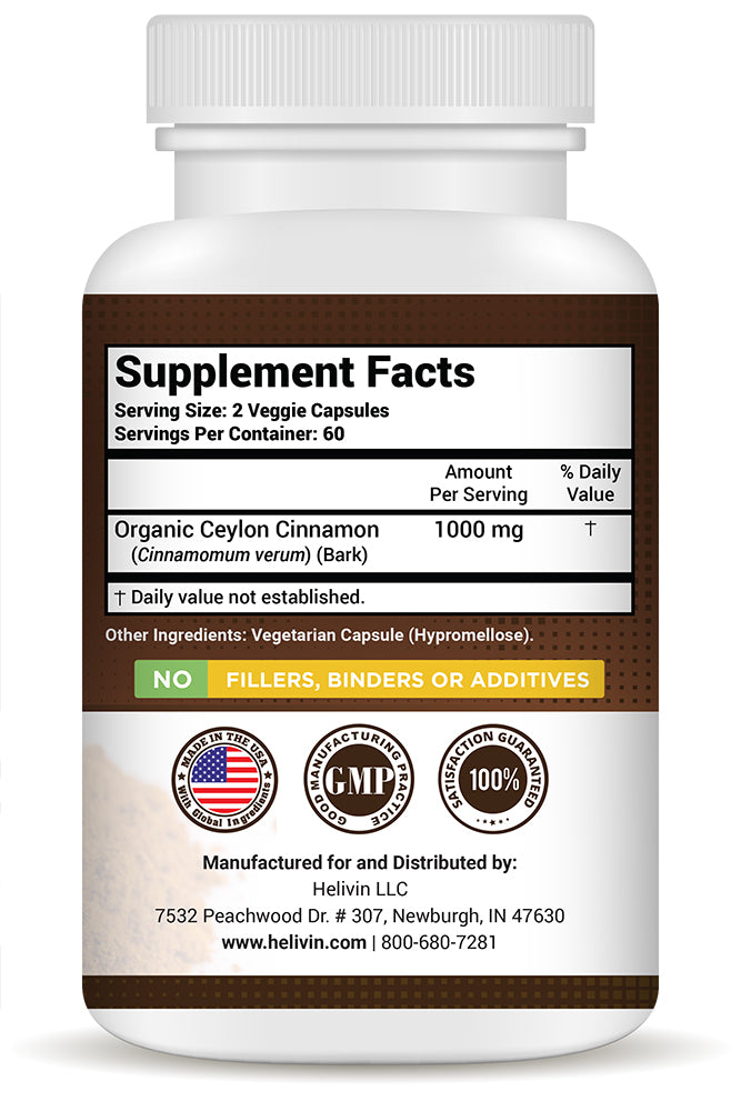 Helivin Ceylon Cinnamon Veggie Capsules – No Magnesium Stearate or Other Fillers