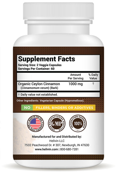 Helivin Ceylon Cinnamon Veggie Capsules – No Magnesium Stearate or Other Fillers