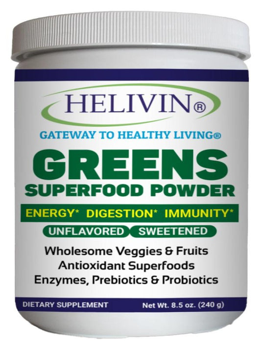 Helivin Greens Superfood Powder - Superfoods, Antioxidants, Enzymes, Fiber, Prebiotics, and Probiotics